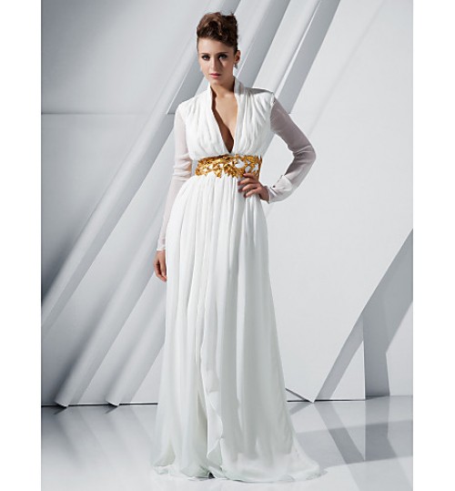 TS Couture? Formal Evening / Military Ball Dress - Elegant Plus Size / Petite Sheath / Column V-neck Sweep / Brush Train Chiffon with Appliques  