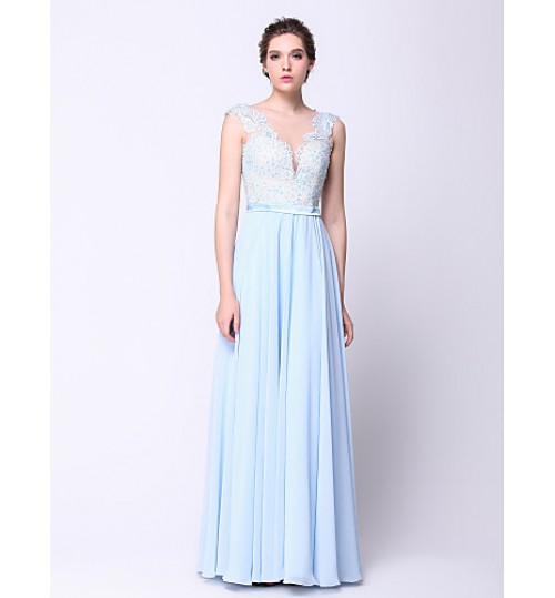Formal Evening / Black Tie Gala Dress A-line / Princess Bateau Floor-length Chiffon with Appliques / Beading / Sash / Ribbon  