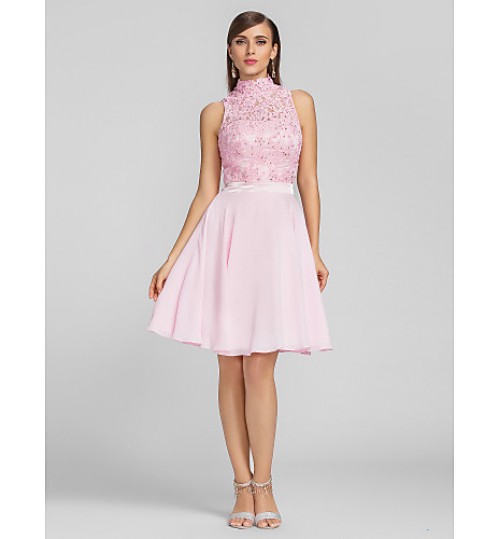 TS Couture? Cocktail Party / Homecoming / Prom Dress - Short Plus Size / Petite A-line High Neck Knee-length Chiffon / Lace with Appliques / Beading  